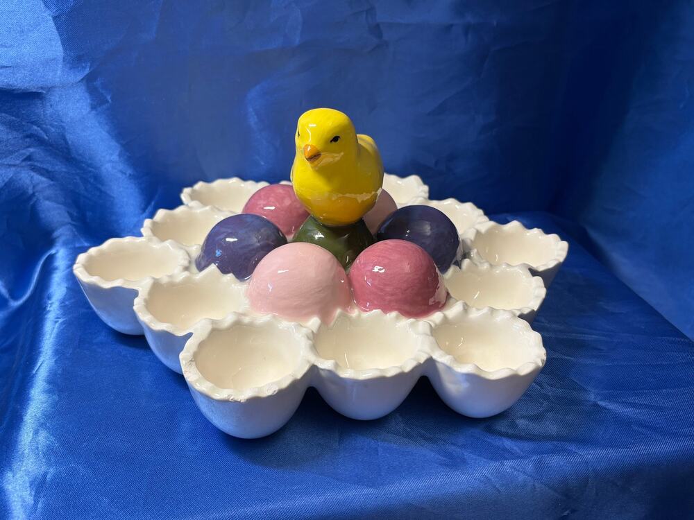 Vintage Porcelain Easter Egg Holder with Colorful Eggs and Chick